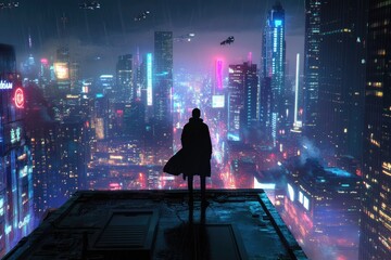 A lone figure silhouetted against a vibrant, futuristic cityscape under a rainy night sky.