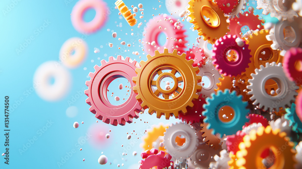 Poster vibrant 3d scene of colorful gears cascading down like waterfall, creating dynamic and playful atmos