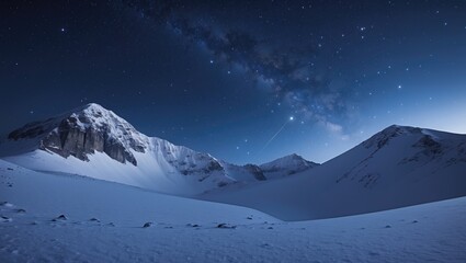 The image shows a snowy mountain under a starry sky. It presents a stunning night scene with a clear view of the stars and constellations, while the snowy terrain enhances the tranquil and awe-insp...