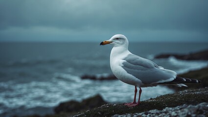 a seagull that is white near the ocean