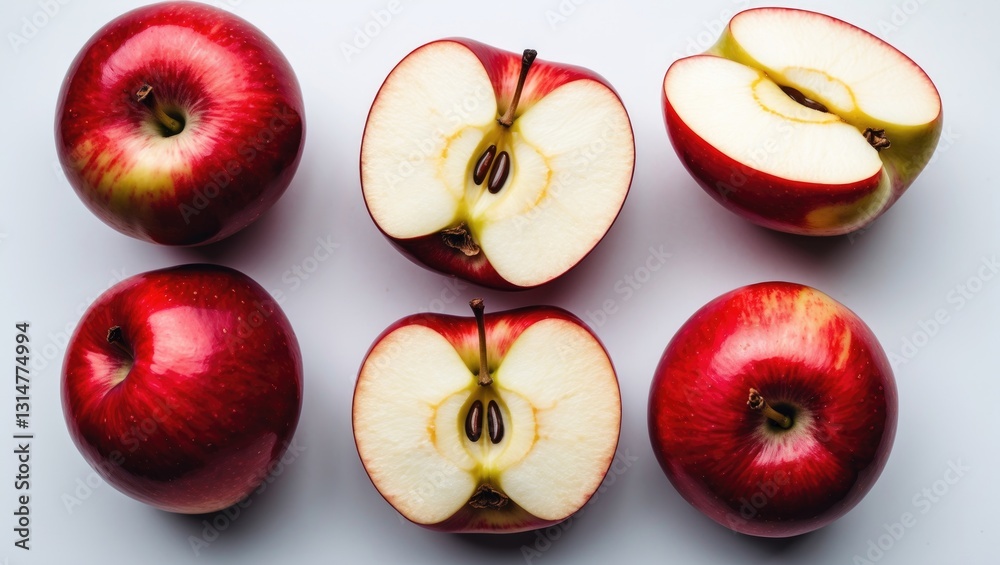 Poster falling red apple wedges isolated on white background