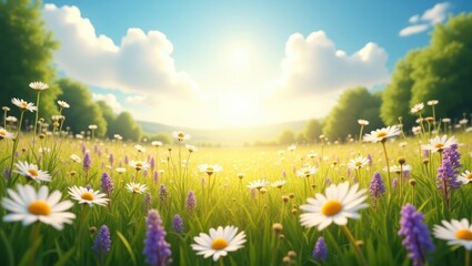 A stunning, sunlit meadow. A vibrant, natural panoramic view filled with numerous wildflowers against a clear blue sky. A composition featuring gentle selective focus.