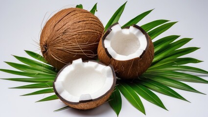 Coconut halves with leaves on a white background.