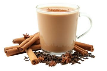 Creamy chai latte with frothy top isolated on transparent background