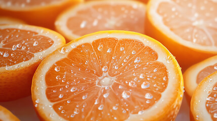 Fresh orange slices glistening with water droplets, perfect for a refreshing summer treat.