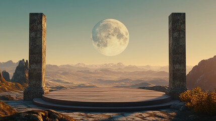 Wooden platform between stone pillars, overlooking a vast mountain range under a large moon, showcasing a serene and majestic landscape ideal for product display or advertisement