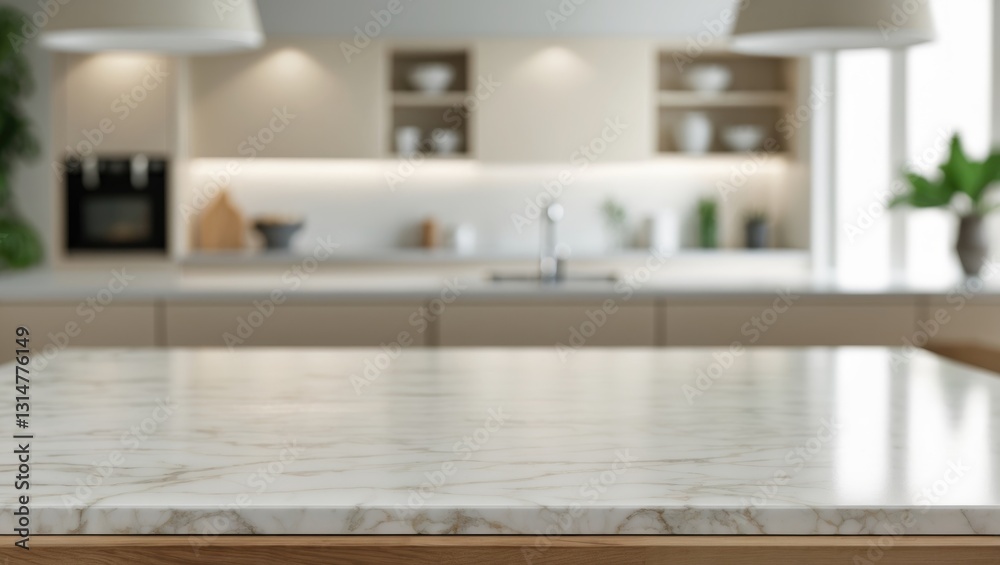 Poster empty marble countertop with blurred interior background for product showcase montage.
