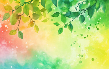 Fototapeta premium Abstract Watercolor Background with Vibrant Green Tree, Rainbow, and Soft Blurred Foliage – Perfect for Design Templates, Nature Themes, and Artistic Creations in High Resolution