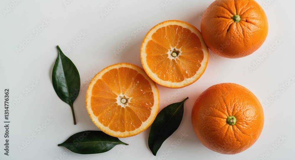 Poster flat lay of orange sliced in half, isolated on a background.
