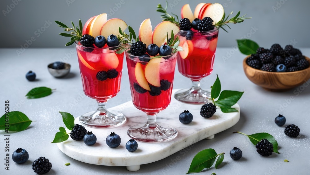 Poster fall sangria with berries and apple served in a glass with ice, refreshing cocktail or mocktail sugg