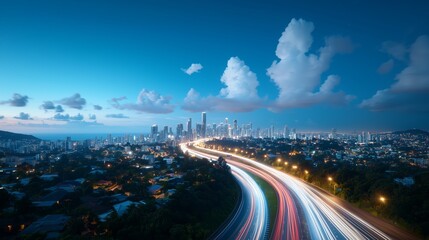 Obraz premium Panoramic Cityscape at Dusk with Light Trails from Busy Road