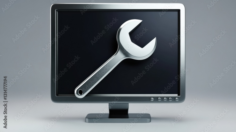 Leinwandbilder Computer repair monitor icon with wrench and nut overlay for service representation and customization
