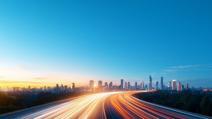 Vibrant City Skyline at Dusk with Light Trails on the Highway