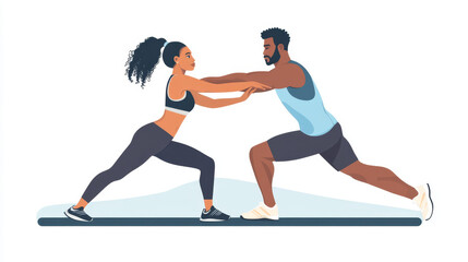 Fototapeta premium Personal Trainer Assisting Client in Stretching Exercise – Fitness Illustration