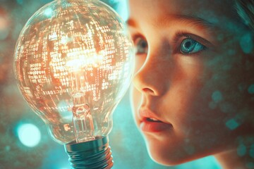 A child's curious gaze at a glowing light bulb filled with binary code, symbolizing the future of innovation and technology.