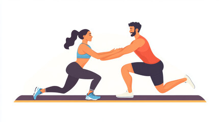 Fototapeta premium Personal Trainer Assisting Client in Stretching Exercise – Fitness Illustration