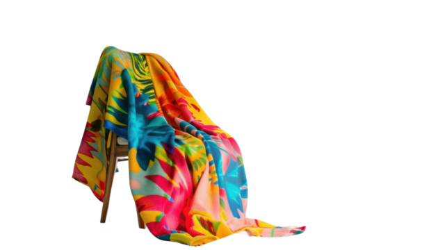Colorful tropical fabric draped over wooden chair with transparent background