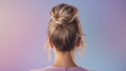 Obraz premium A perspective of the back of a woman's head. Hair styled in a bun against a pastel background. Content completion idea.