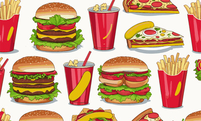 A modern vector-style illustration of various fast food items, easily editable.