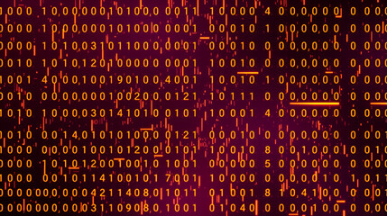 3D animation of seamlessly looping orange purple digital glitch and hex code on black background. Cyber vj pattern in digital hud head up display background concept as a neon sci-fi data flow scheme.