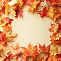 Autumnal Serenity A Captivating Top View Composition of Colorful Maple Leaves Framing a Beige Backdrop Displaying Warmth and Tranquility in a Natural Setting