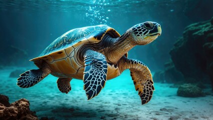 Fototapeta premium A large turtle swimming underwater is photographed in a beautiful close-up.