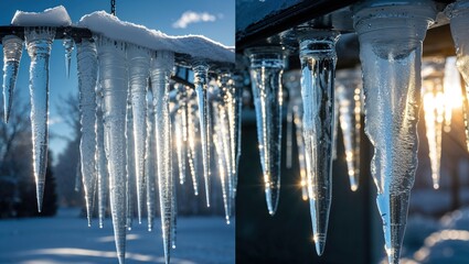 Icicles hanging from a roof, illuminated by sunlight, showcasing winter's beauty.
