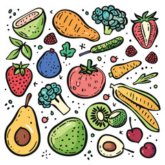 Hand-Drawn Healthy Food Vector Set - Fruits and Vegetables