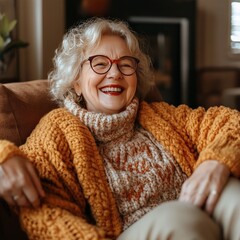 Elderly woman in cozy orange sweater sitting comfortably in a home setting smiling warmly with a cup of tea in a relaxed and inviting atmosphere