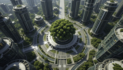 Aerial view of futuristic cityscape featuring circular skyscrapers and lush greenery, showcasing urban innovation and sustainable architecture