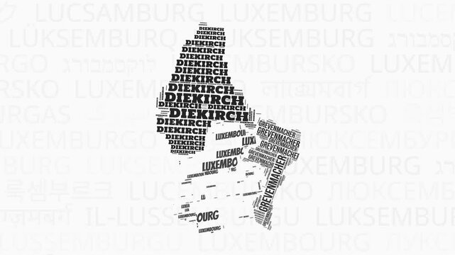 Luxembourg intro animation featuring regions and country names in various languages. Vibrant and illustrative video showcasing the country's identity.