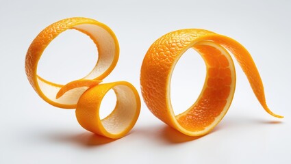 Orange peel twisted in a spiral shape against a white background. Cocktail ingredient.