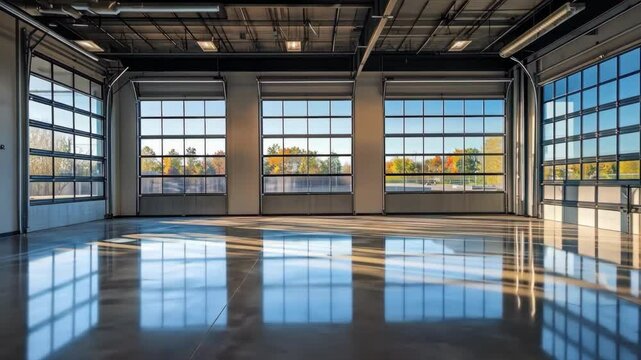 A large, empty building with a lot of windows. The windows are open, letting in a lot of light. The building appears to be a warehouse or a large open space