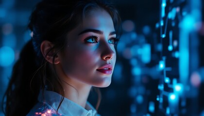 Woman Looking at Glowing Futuristic Data Display with Technological Interface