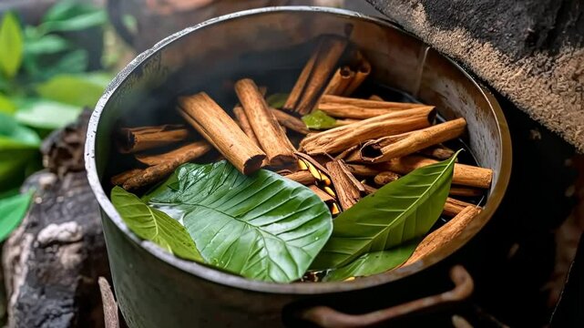 Ayahuasca cooking preparation in pot Amazonian psychedelic spiritual shaman ceremony journey