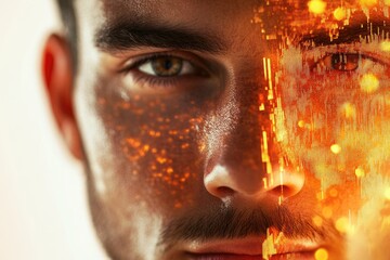 Close-up of a man's face overlaid with an abstract, fiery digital pattern.