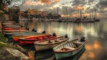 Obraz premium Colorful fishing boats docked at Caribbean harbor at sunrise