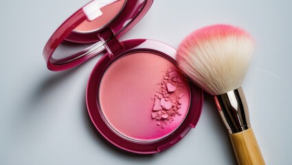 An opened round compact of blush in a pink shade alongside a professional fluffy short makeup brush, isolated on a white backdrop with space for text.