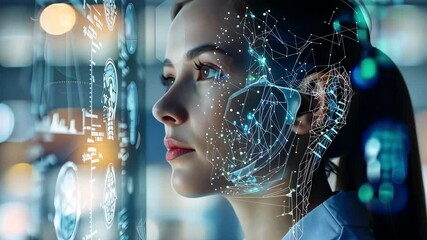 A woman is looking at a computer screen with a face on it. The face is made up of lines and dots, and it is a digital representation of a person. The woman seems to be focused on the screen - Powered by Adobe