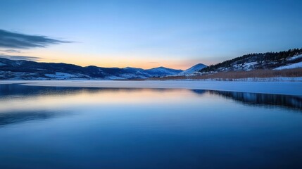 Fototapeta premium Serene sunset reflection over calm lake majestic mountains nature landscape photography tranquil evening viewpoint