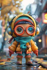 A playful character dressed for autumn, showcasing vibrant colors and headphones, embodying youthful energy.