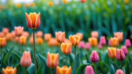 Obraz premium Orange Tulip Festival with a Blurred Background