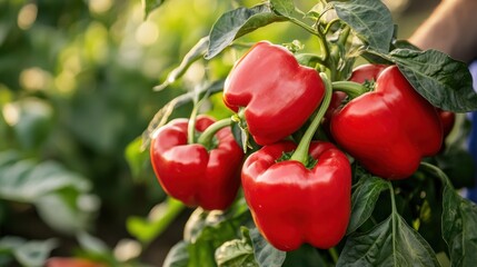 Vibrant Red Bell Peppers Growing on the Vine