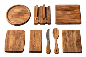 Wooden cheese board set with knives isolated on transparent background