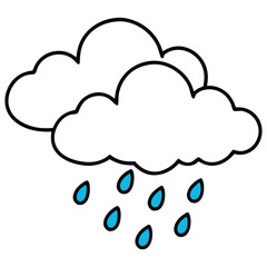 Rainy Weather Icon with Blue Droplets Falling from Black-Outlined Clouds