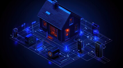 Smart Home Network Diagram, Isometric View, Connected Devices