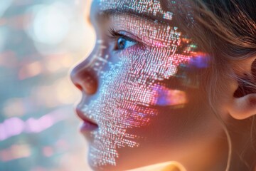A child's face is overlaid with colorful digital code, symbolizing the future of technology and its impact on the young generation.