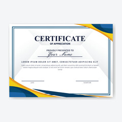 Blue-yellow certificate design, appreciation award, white background, printable template