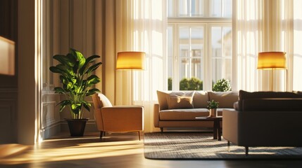 A cozy sunlit interior showing a living room setting