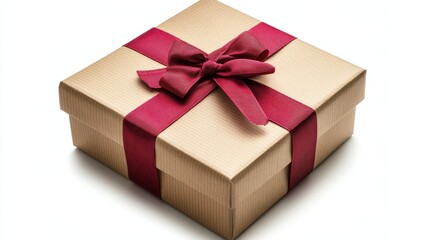 Obraz premium Elegant gift box with red ribbon on white background for festive celebration and special occasion with soft light and warm mood